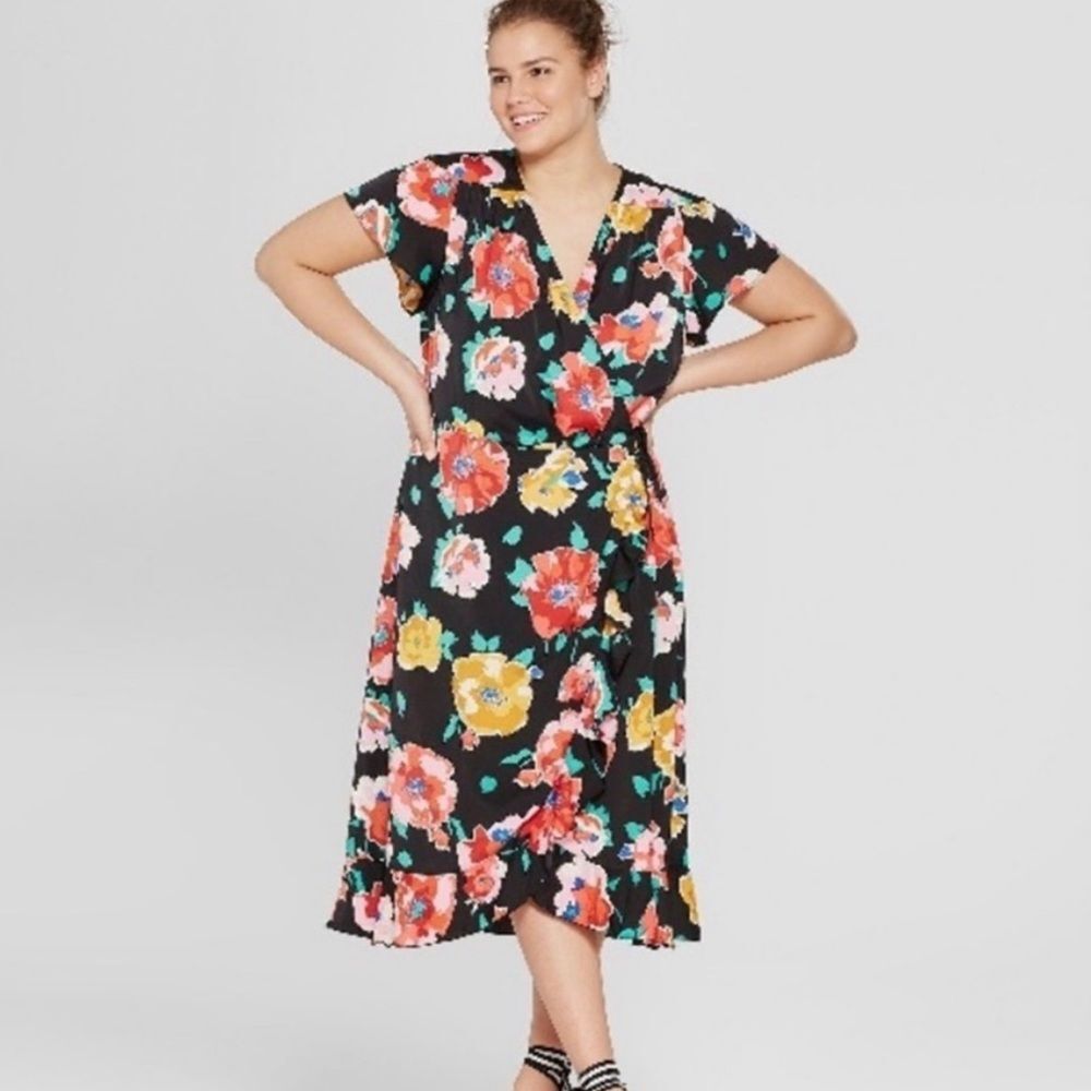 Who What Wear Floral Print Midi Wrap‎ Dress Size XS